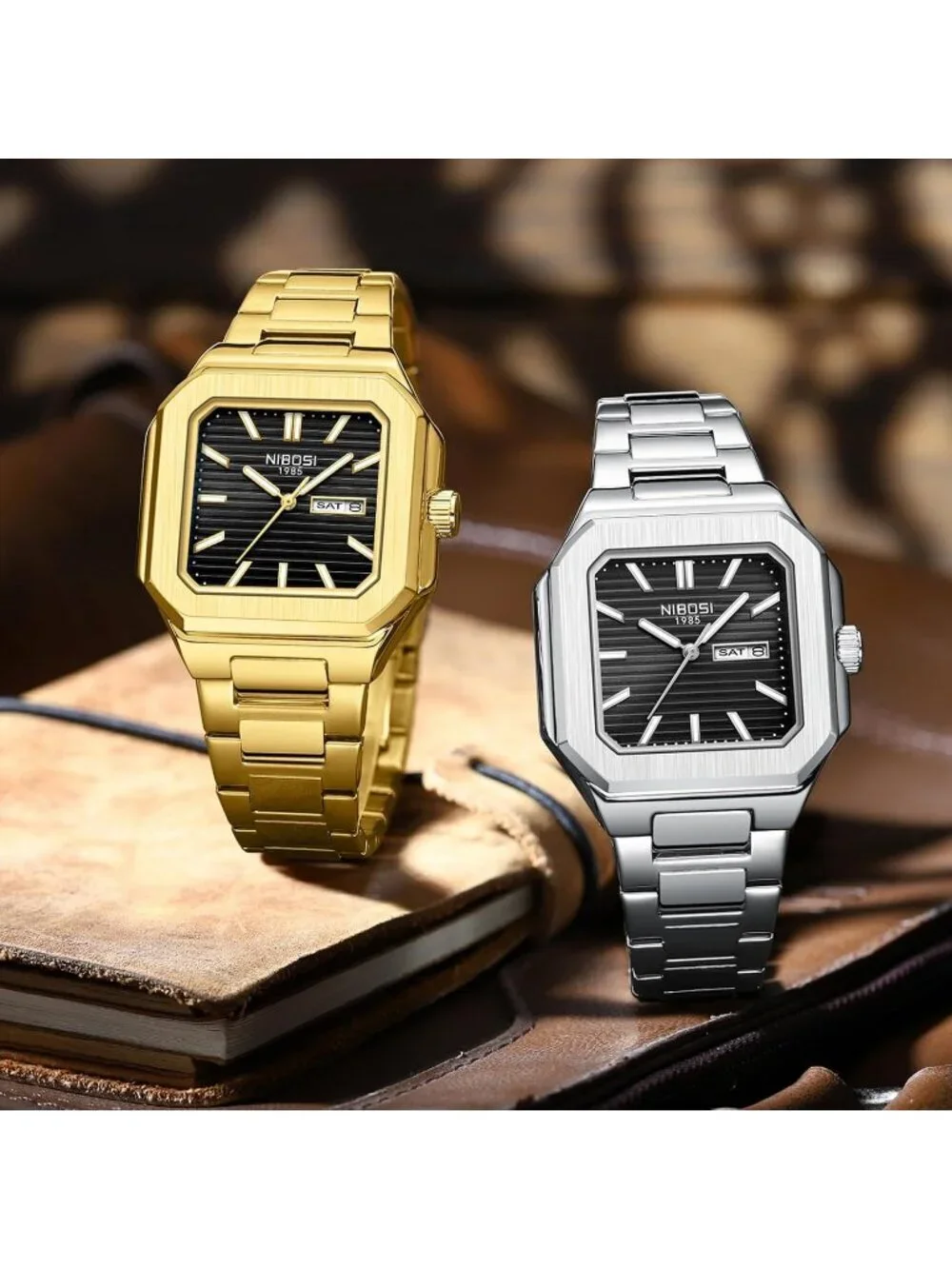 Nibosi Men's Gold Black Analog Quartz Stainless Steel Waterproof Square Watch